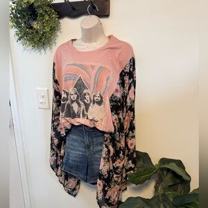 Custom Pink Floyd Graphic Tee with Floral Kimono Batwing Sleeves